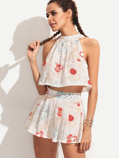 Sweet Floral Halter Top And Pleated Shorts