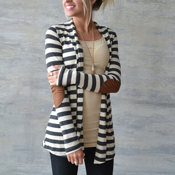 Elbow Patch Long Sleeve Striped Cardigan