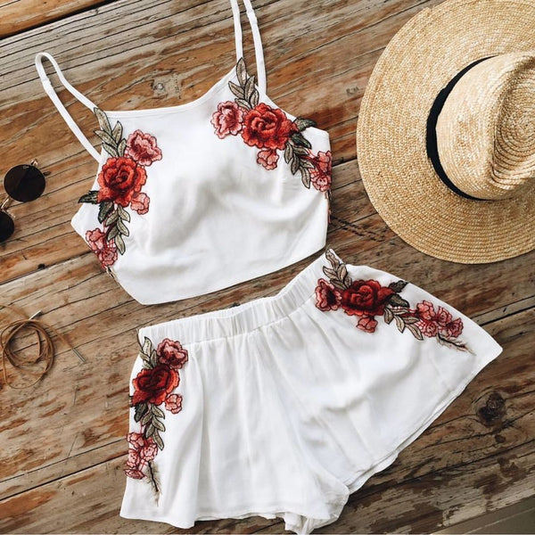 Summer Roses Embroidery Floral 2 Piece Jumpsuit