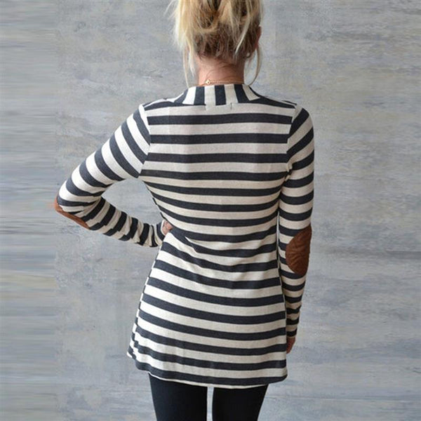 Elbow Patch Long Sleeve Striped Cardigan