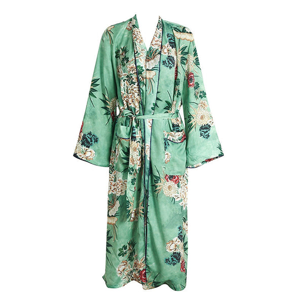 Green Floral Print Kimono Robe
