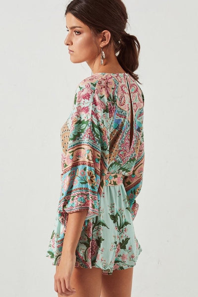 Boho Kimono Peacock Floral Romper