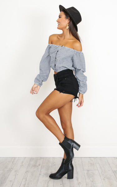 Plaid Off Shoulder Cropped Blouse