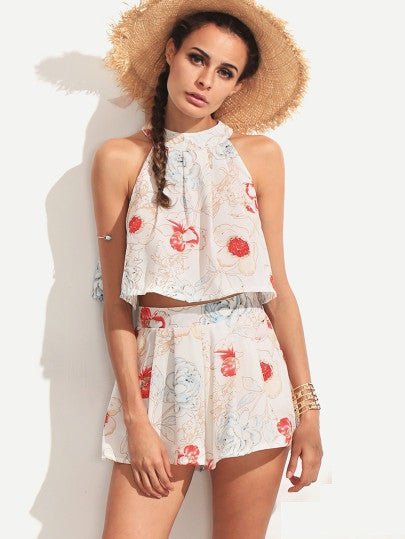 Sweet Floral Halter Top And Pleated Shorts