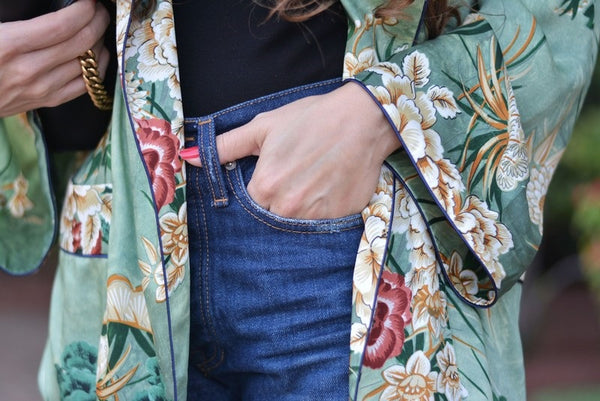 Green Floral Print Kimono Robe