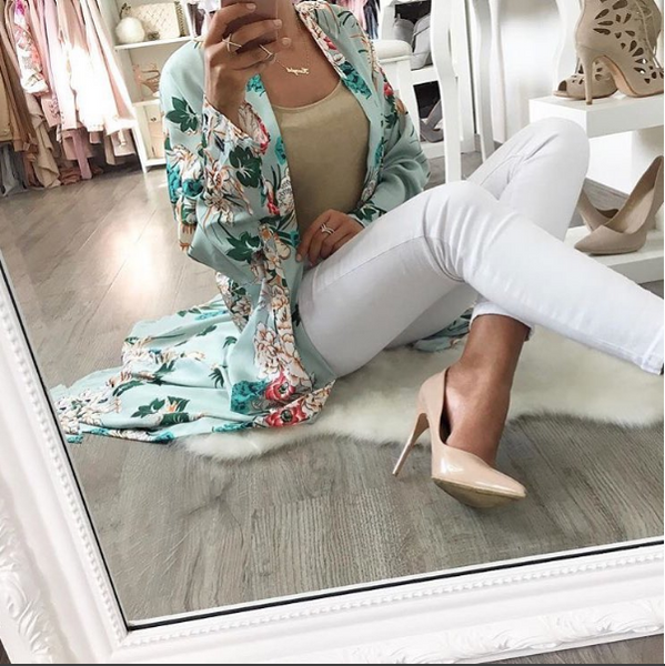 Green Floral Print Kimono Robe