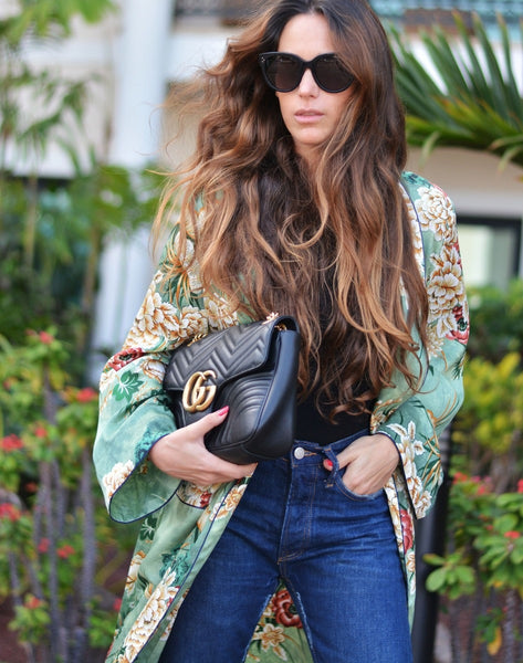 Green Floral Print Kimono Robe