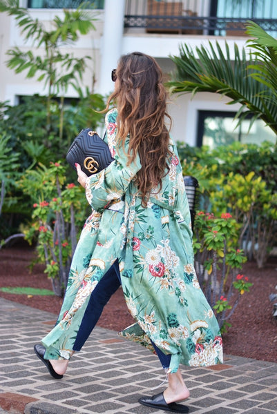 Green Floral Print Kimono Robe