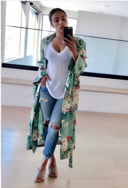 Green Floral Print Kimono Robe