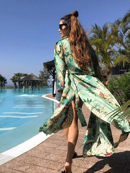 Green Floral Print Kimono Robe