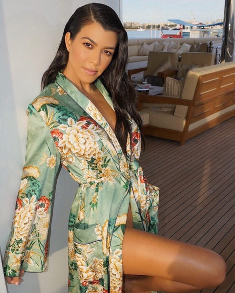 Green Floral Print Kimono Robe