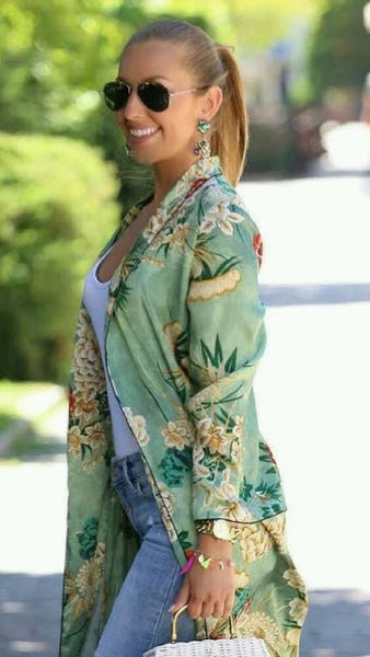 Green Floral Print Kimono Robe