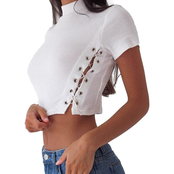 Lace Up Cropped Short Sleeve T-Shirt