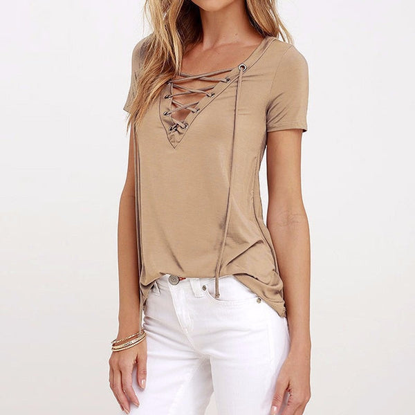 V Neck Lace Up Short Sleeve T-shirt