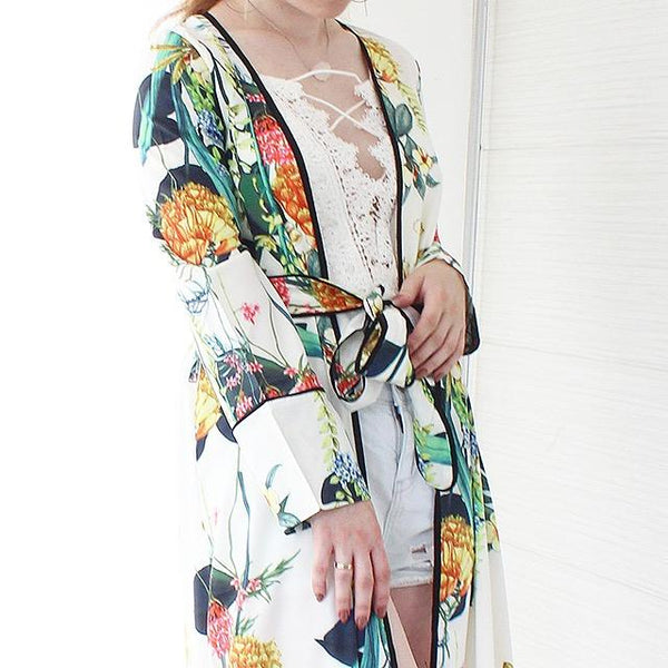 White Floral Print Kimono Robe