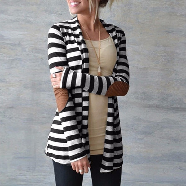 Elbow Patch Long Sleeve Striped Cardigan
