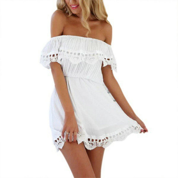 White Lace Stitching Off Shoulder Strapless Dress