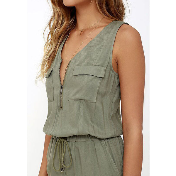 Olive Front Zipper Rompers