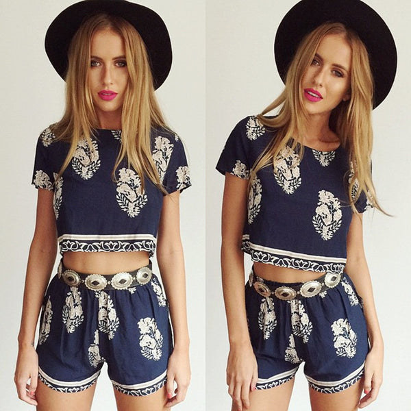 Boho Floral Print Crop Top and Shorts