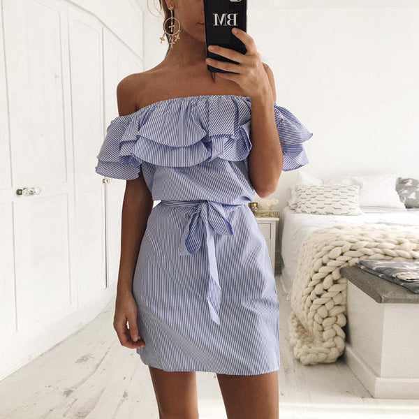 Kahlily Summer  Stripes Off Shoulder Ruffles Dress