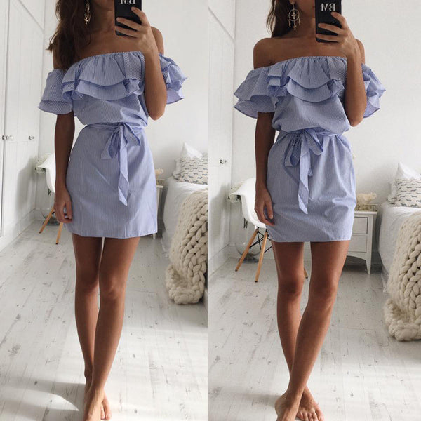 Kahlily Summer  Stripes Off Shoulder Ruffles Dress