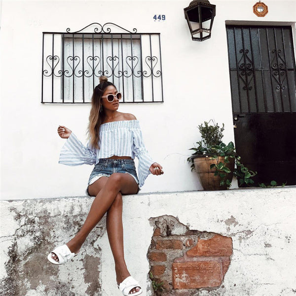 Cropped  Off Shoulder Stripes Blouse
