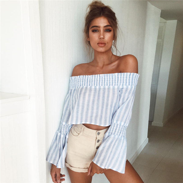 Cropped  Off Shoulder Stripes Blouse