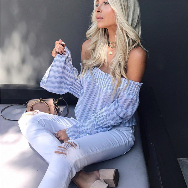 Cropped  Off Shoulder Stripes Blouse