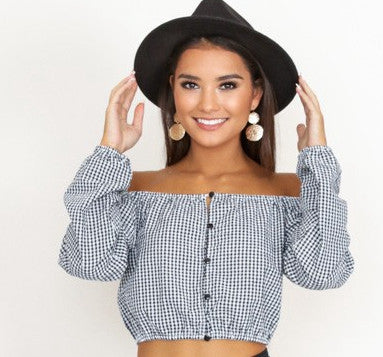 Plaid Off Shoulder Cropped Blouse