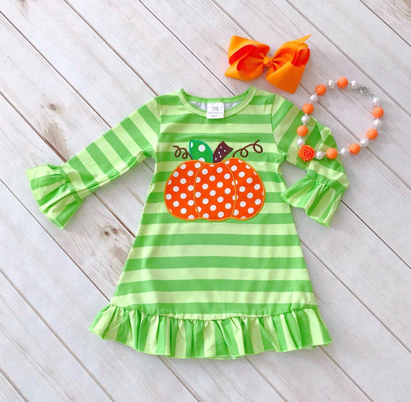 Green Striped  Pumpkin Fall Dress