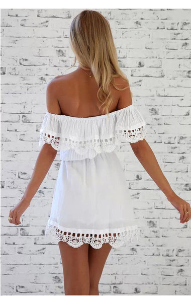 White Lace Stitching Off Shoulder Strapless Dress