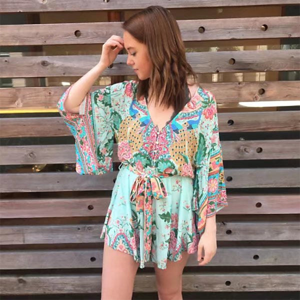 Boho Kimono Peacock Floral Romper
