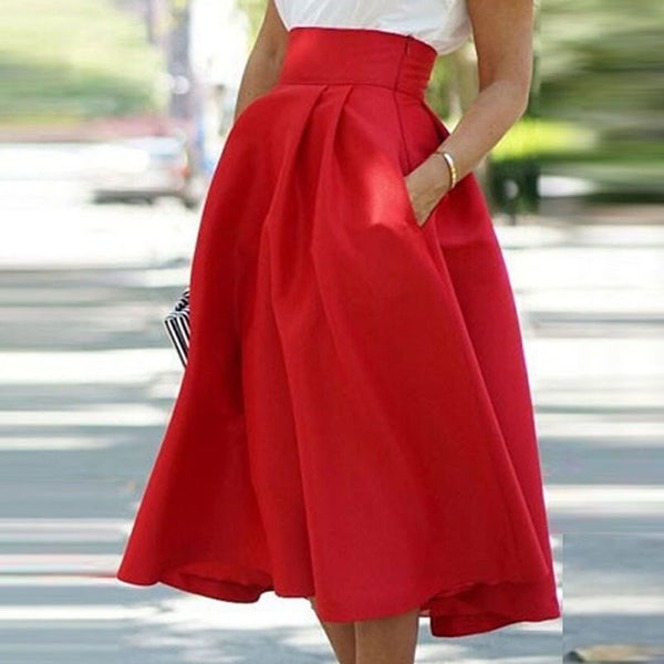 Red Retro High Waist Pleated Skirt